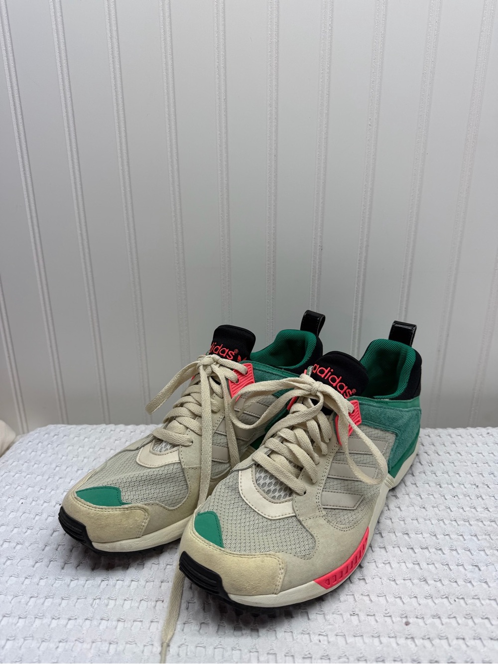 adidas Beige, Green & Pink Retro Runner Sneakers
